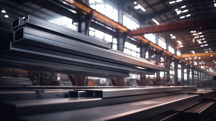Photograph of steel beams in factory environment. Modern factory with storage of steel beams.