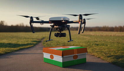 A drone flying with a package, illustrating the transformation of the shopping experience in Niger. - obrazy, fototapety, plakaty