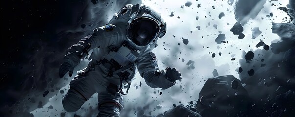 An astronaut seems to be entering into a galactic universe scene through a torn black wall,...