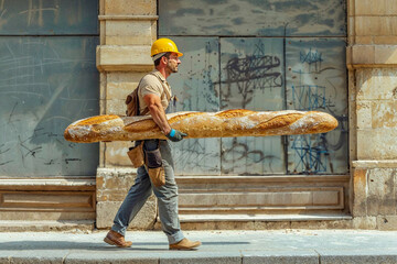 A construction worker walks with a giant baguette under his arm