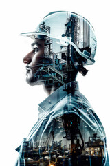 double exposure portrait  industrial construction