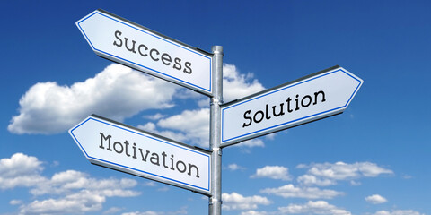 Success, motivation, solution - metal signpost with three arrows - obrazy, fototapety, plakaty