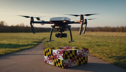 A drone flying with a package, illustrating the transformation of the shopping experience in Maryland.