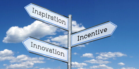 Fototapeta premium Inspiration, incentive, innovation - metal signpost with three arrows