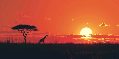 A giraffe is walking in a field with a tree in the background. The sky is orange and the sun is setting - obrazy, fototapety, plakaty