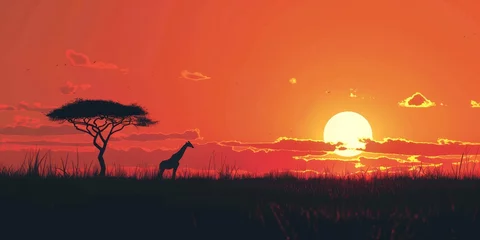 Tuinposter A giraffe is walking in a field with a tree in the background. The sky is orange and the sun is setting © kiimoshi
