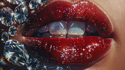 Close up of woman lips shining full of diamonds