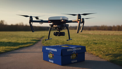 A drone flying with a package, illustrating the transformation of the shopping experience in Wisconsin.