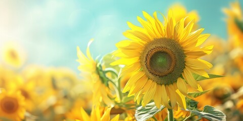 A yellow sunflower is the main focus of the image, surrounded by other yellow flowers. The bright yellow color of the sunflower and the other flowers creates a cheerful and uplifting mood