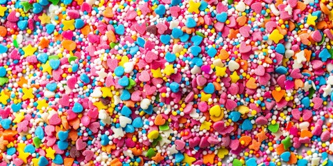 Fototapeta na wymiar A colorful pile of candy sprinkles with hearts and stars. Concept of fun and playfulness, as the sprinkles are scattered in a rainbow of colors and shapes