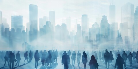 A group of people walking in a foggy city. The people are walking in the street and some of them are carrying backpacks. Scene is somewhat eerie and mysterious, as the fog seems to be thick