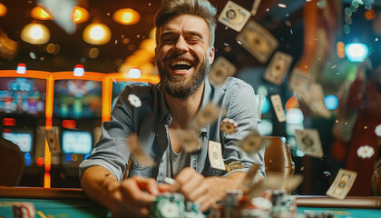 A man is laughing and throwing money in the air