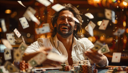 A man is laughing and throwing poker chips in the air - 779818598