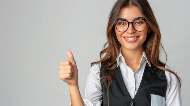 A woman wearing glasses and a black vest is smiling and giving a thumbs up. The image conveys a positive, friendly atmosphere. A adorable happy woman secretary wear black spectacles showing thumb up