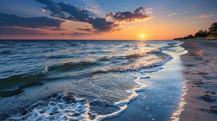 Beautiful sunset on the beach.AI generated image - obrazy, fototapety, plakaty