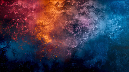 Fototapeta premium Colourful grunge grainy outer space nebula background gradient, blue, orange, red and black noise texture backdrop design