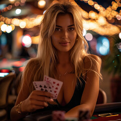 A woman is holding a deck of cards and smiling - 779818795