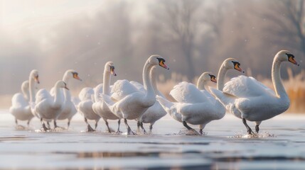 a flock of geese walking on the lake.AI generated image - obrazy, fototapety, plakaty