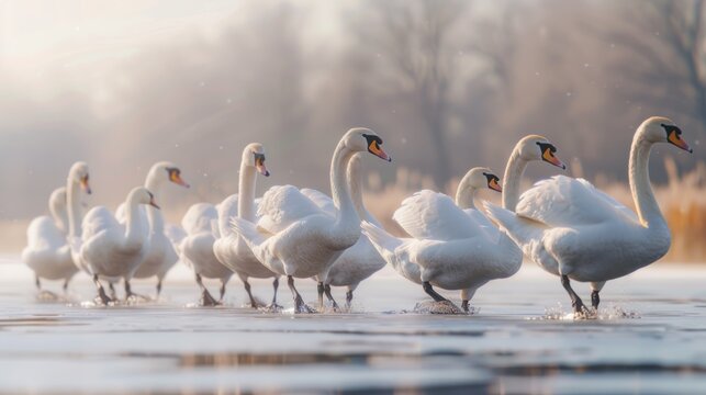 a flock of geese walking on the lake.AI generated image