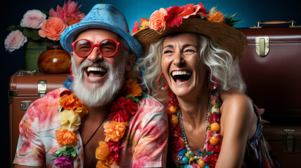 A senior couple in festive tropical attire laugh heartily, surrounded by luggage ready for travel. Couple laugh heartily, Dressed for a Tropical Vacation