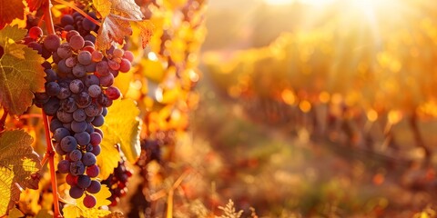 A bunch of grapes hanging from a vine. The grapes are ripe and ready to be picked. The vine is surrounded by leaves and the sunlight is shining on the grapes - obrazy, fototapety, plakaty