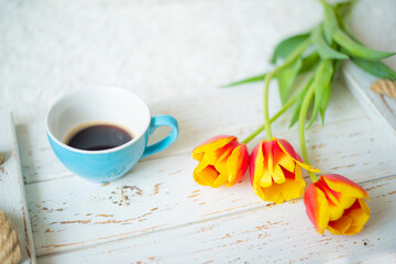 tulips and coffee. nice morning - 779819315