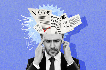 Composite photo collage of tired man candidate think paper ballot election democracy choice...
