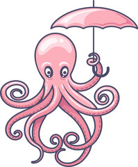 Cute pink octopus with umbrella