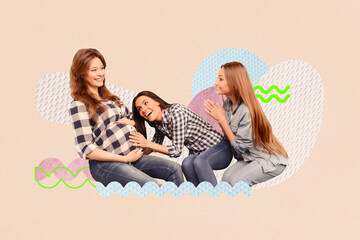 Creative collage of funny girls visit pregnant friend listen belly mother day love celebration concept unusual fantasy billboard comics