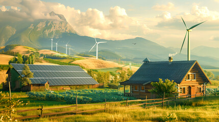 A small farmer's house with photovoltaic panels in the countryside. Renewable energy, photovoltaics, windmills, farm. Mały farmerski domek z panelami fotowotaicznymi na wsi. Energia odnawialna. - obrazy, fototapety, plakaty