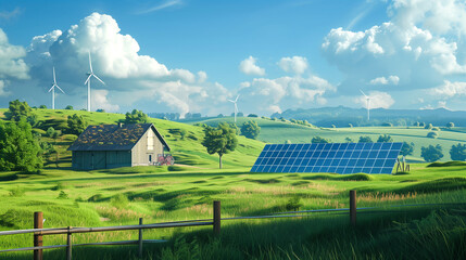 A small farmer's house with photovoltaic panels in the countryside. Renewable energy, photovoltaics, windmills, farm. Mały farmerski domek z panelami fotowotaicznymi na wsi. Energia odnawialna. - obrazy, fototapety, plakaty