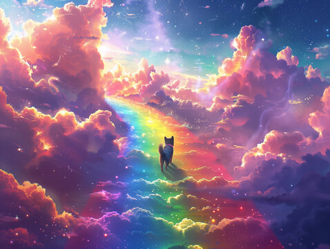 a painting of a dog journey on a path in the sky with clouds and rainbows