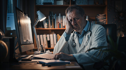 A broken, resigned, tired doctor sitting in his office. Doctor, medicine, breakdown. Załamany, zrezygnowany, zmęczony lekarz siedzący w swoim biurze. Lekarz, medycyna, załamanie. 