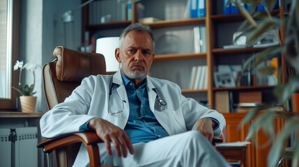 A serious, experienced doctor sitting in a chair in his office. Doctor, seriousness, medicine. Poważny, doświadczony lekarz siedzący we fotelu w swoim gabinecie. Lekarz, powaga, medycyna.