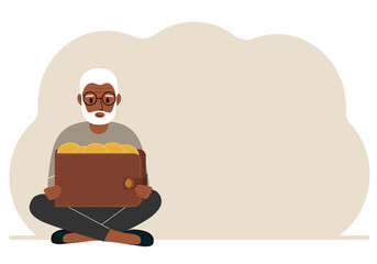 A old man sits cross-legged and holds a large purse of coins. The concept of a savings wallet, a successful loan, golden earnings with metal money in the currency. Vector flat illustration