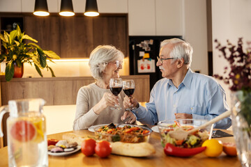 A happy senior couple is making toasting with red wine at lunch table at home.