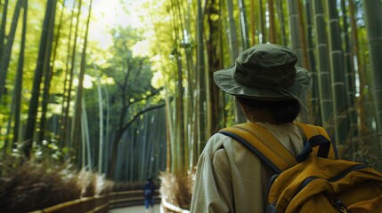 Female tourist observing the bamboo forest .AI generated image