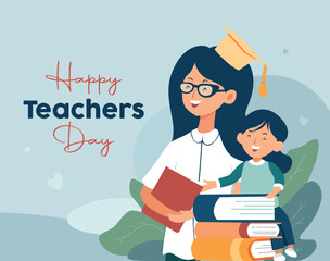 Happy teacher's day vector illustration. Happy teacher and student with lots of books.