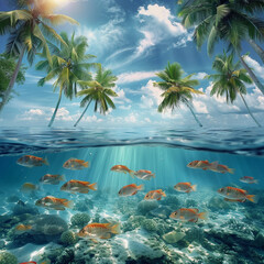 Fototapeta na wymiar Palm trees, sea and fish underwater. Summer holidays on the beach