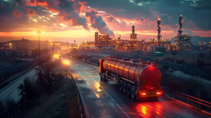 A fuel tanker truck drives along a wet highway, reflecting the vivid colors of the sunset sky, amidst a dramatic cityscape backdrop.
