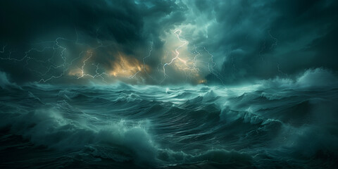 Digital artwork brings to life the power of nature with tumultuous ocean waves crashing under a stormy sky, illuminated by lightning bolts and infused with the intense energy of thunderclouds. - obrazy, fototapety, plakaty