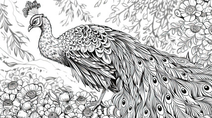 Adult coloring drawing of a peacock demonstrating feather coloring skills