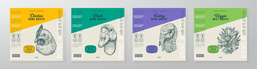 Bone Broth Label Templates Set. Abstract Vector Food Packaging Design Layouts Collection. Meat Chicken Modern Natural Diet Soup Product Backgrounds with Engraved Style Drawings Isolated