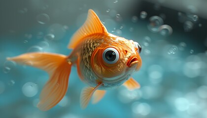 3d cartoon character of a spherical goldfish with big bulging eyes hovering in the air on a blue background. Funny cartoon yellow fish