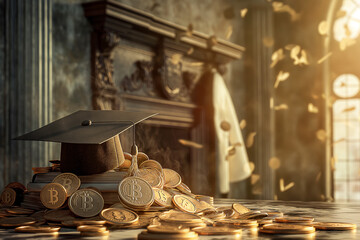 hat graduation model on money coins for concept investment education and scholarship - obrazy, fototapety, plakaty