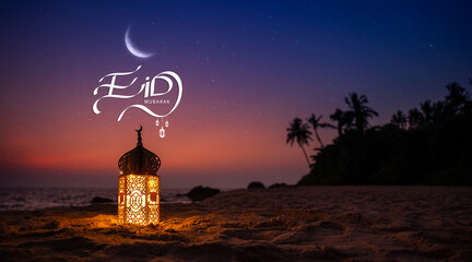 Ramadan greeting poster image, Beautiful lantern lamp on the beach on the night sky, 2024 Ramadan...