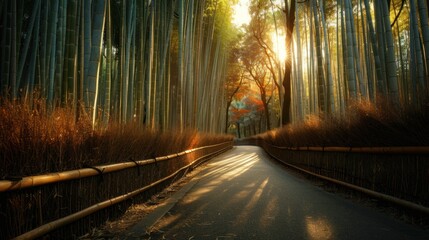 Footpath in shady bamboo forest in autumn with sunlight .AI generated image