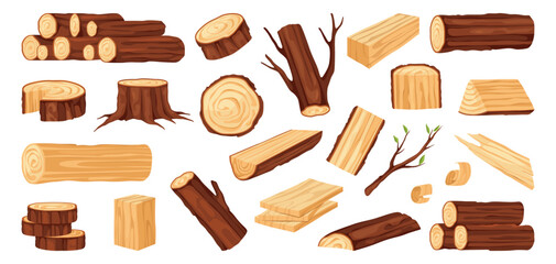 Carpentry and woodwork materials. Vector isolated products for carpenter, tree stump with rings, logs with branches and twigs. Planks and cubes, timber and forest logging work. wood shavings