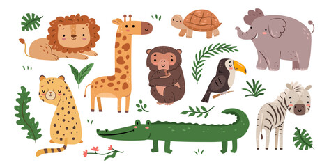 Obraz premium Cute jungle animals and personages from woods and savannah with tropical leaves plants. Vector isolated toucan, lion and elephant, giraffe and crocodile, leopard and zebra, turtle and monkey