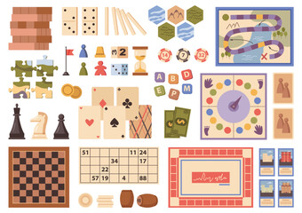 Leisure and fun activities, isolated board games for free time with friends and family. Vector field with steps, chips and flag, hourglass and abc letters, puzzles and fake money, chess and jenga © Sensvector